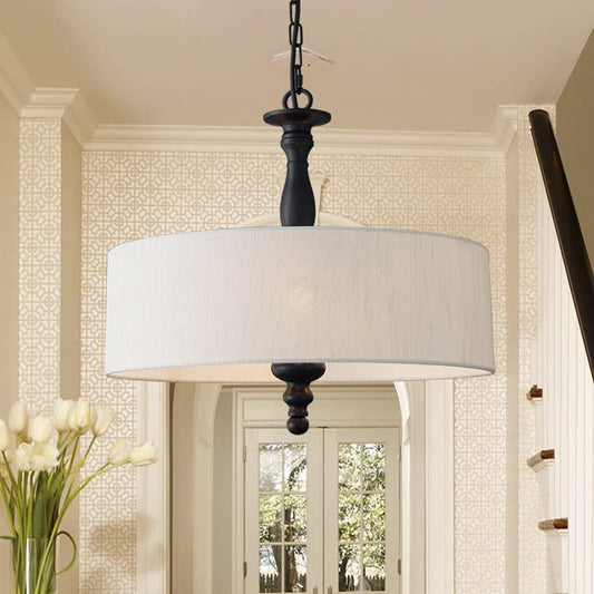 4 Light Drum Chandeliers, Beige Linen Drum Pendant Lighting Fixture with Black Metal Rod Adjustable Hanging Chain Ceiling Lights for Kitchen Island Dining Table Entryway Dia 17.3inch