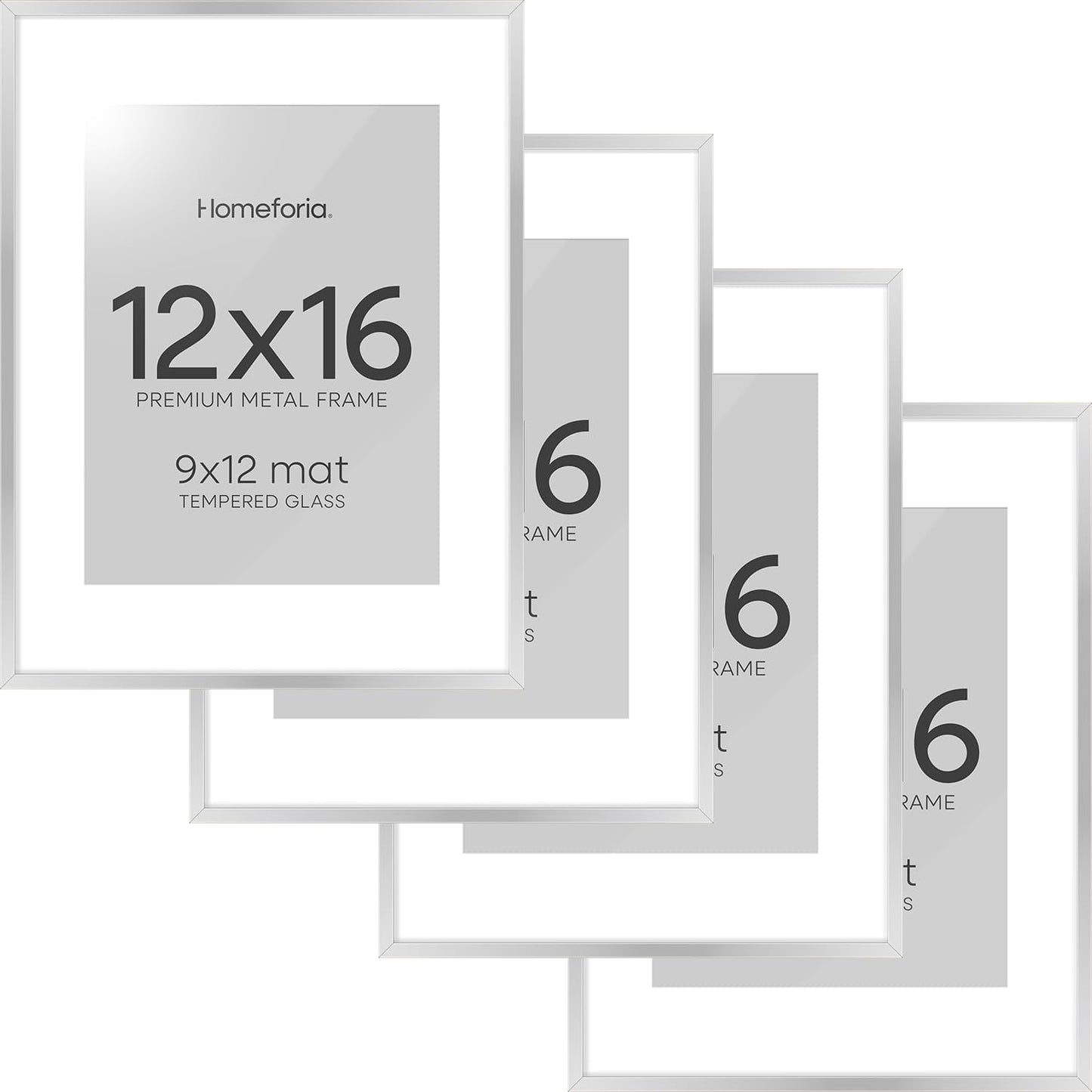 Homeforia 12 x 16 Picture Frame Silver, High End Metal 12x16 Poster Frames with Mat 9x12 Photo, 12 x 16 Silver Frame Matted to 9 x 12 in Print, 16by12 Hanging Frame, Tempered Glass, Wall Kit, Set of 4