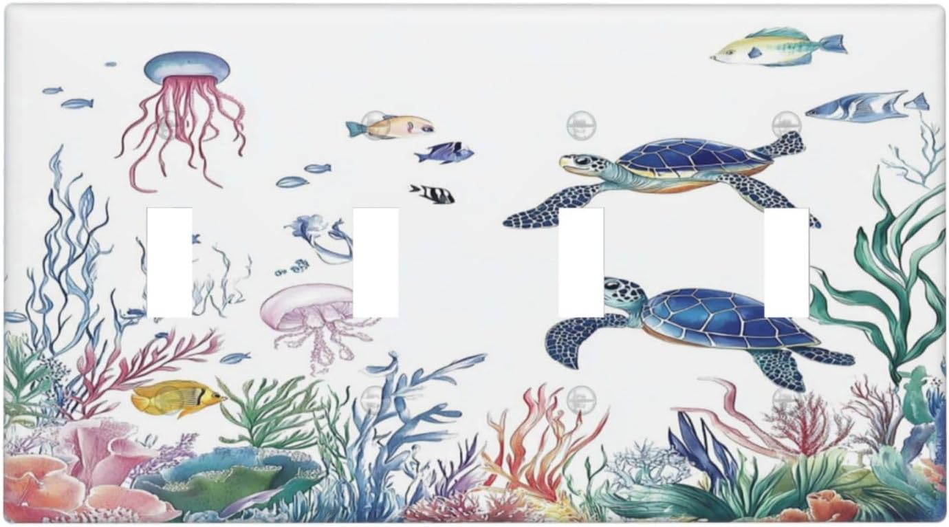 Blue Sea Turtle Ocean Fish Octopus Coral Light Switch Covers Quad Toggle Electrical Faceplate 4 Gang Wall Plate Decorative Switch Plates For Bathroom Kids Room Decor