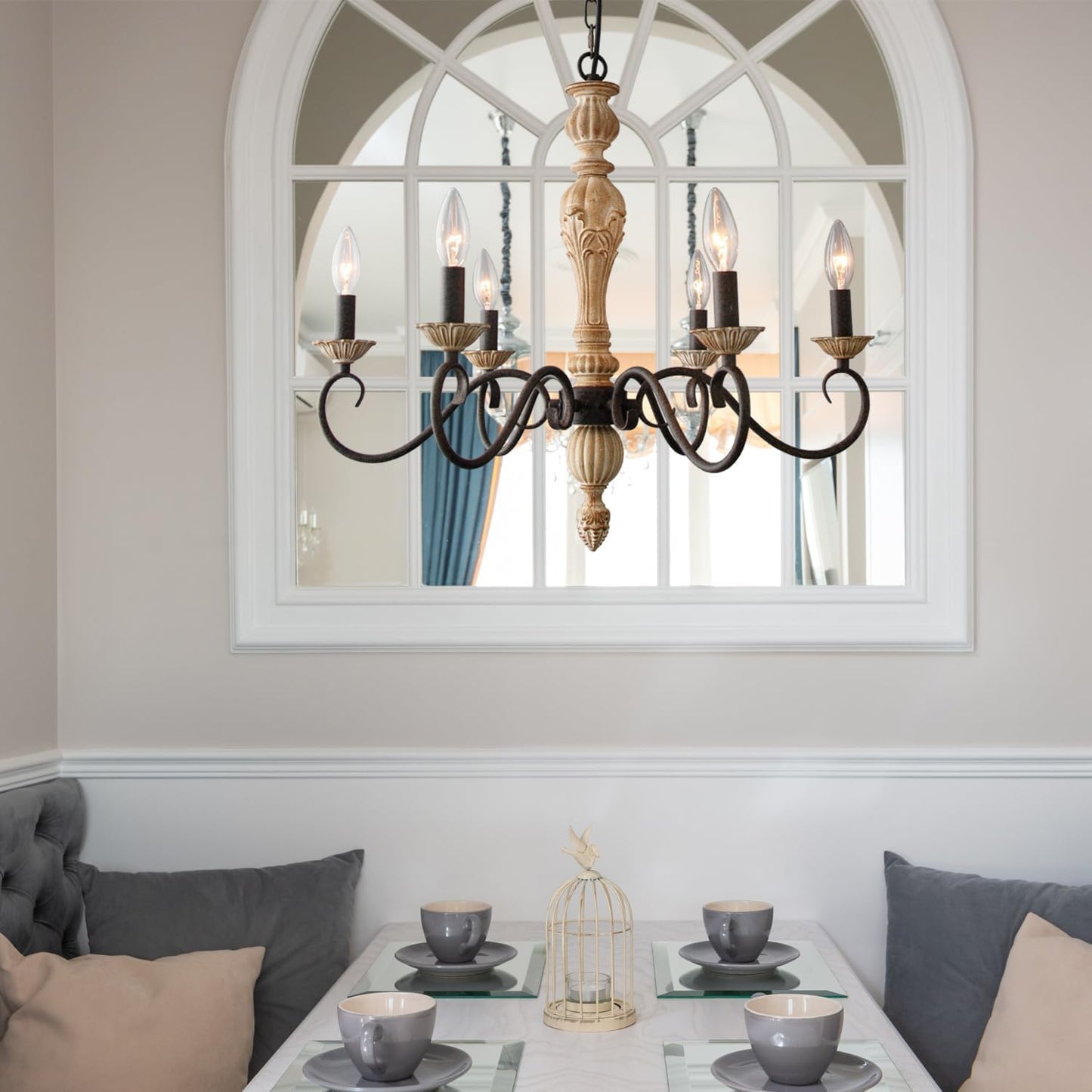 French Country Chandelier-Farmhouse Chandeliers for Dining Room 6 Lights Fixture Rust Imitation Wood Finish for Living Room, Bedroom, Kitchen, Stairway, Bathroom (Dia 23.3”)