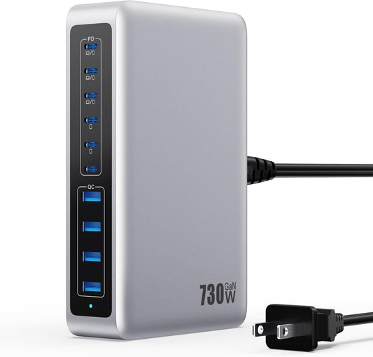 730W USB C Charger Block,GaN IV Fast Charging Station Hub 10 Ports,QC4.0+3 PD 100W USB C Laptop Charger Ports Power Adapter Compatible with MacBook Air/Pro,DELL,iPhone 17/16/15/14/13,iPad,Steam Deck