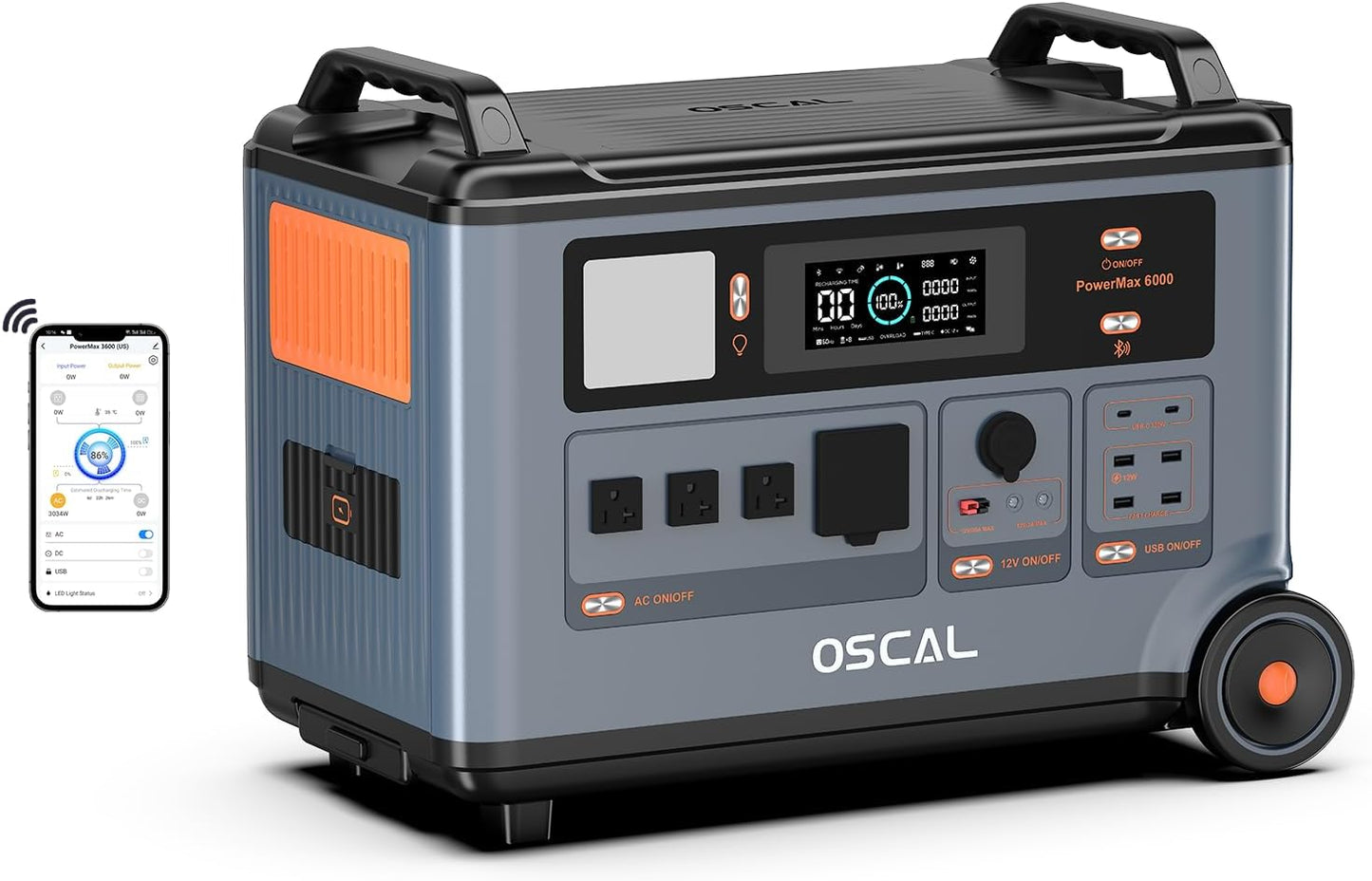 OSCAL PowerMax 6000 Solar Power Station, 120/240V Split Phase Voltage 6000W AC Outlets (9000W Peak), 3600Wh LFP Battery Generator, Expandable to 57.6kWh, 2200W/1.96H Fast Charging, Emergency for Home