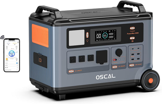 OSCAL PowerMax 6000 Solar Power Station, 120/240V Split Phase Voltage 6000W AC Outlets (9000W Peak), 3600Wh LFP Battery Generator, Expandable to 57.6kWh, 2200W/1.96H Fast Charging, Emergency for Home