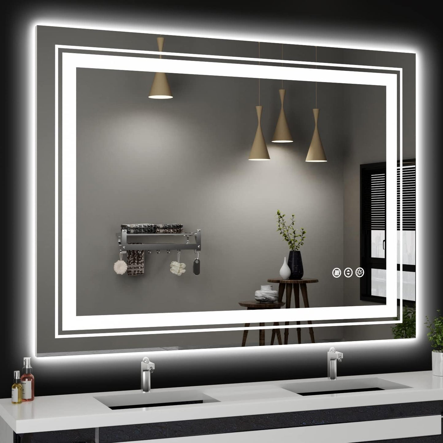 LED Bathroom Mirror, 48"X36" with Front and Backlit, Anti-Fog, Large Bathroom Vanity Mirror for Wall, Memory Function, Stepless Dimmable, Tempered Glass (Horizontal/Vertical)