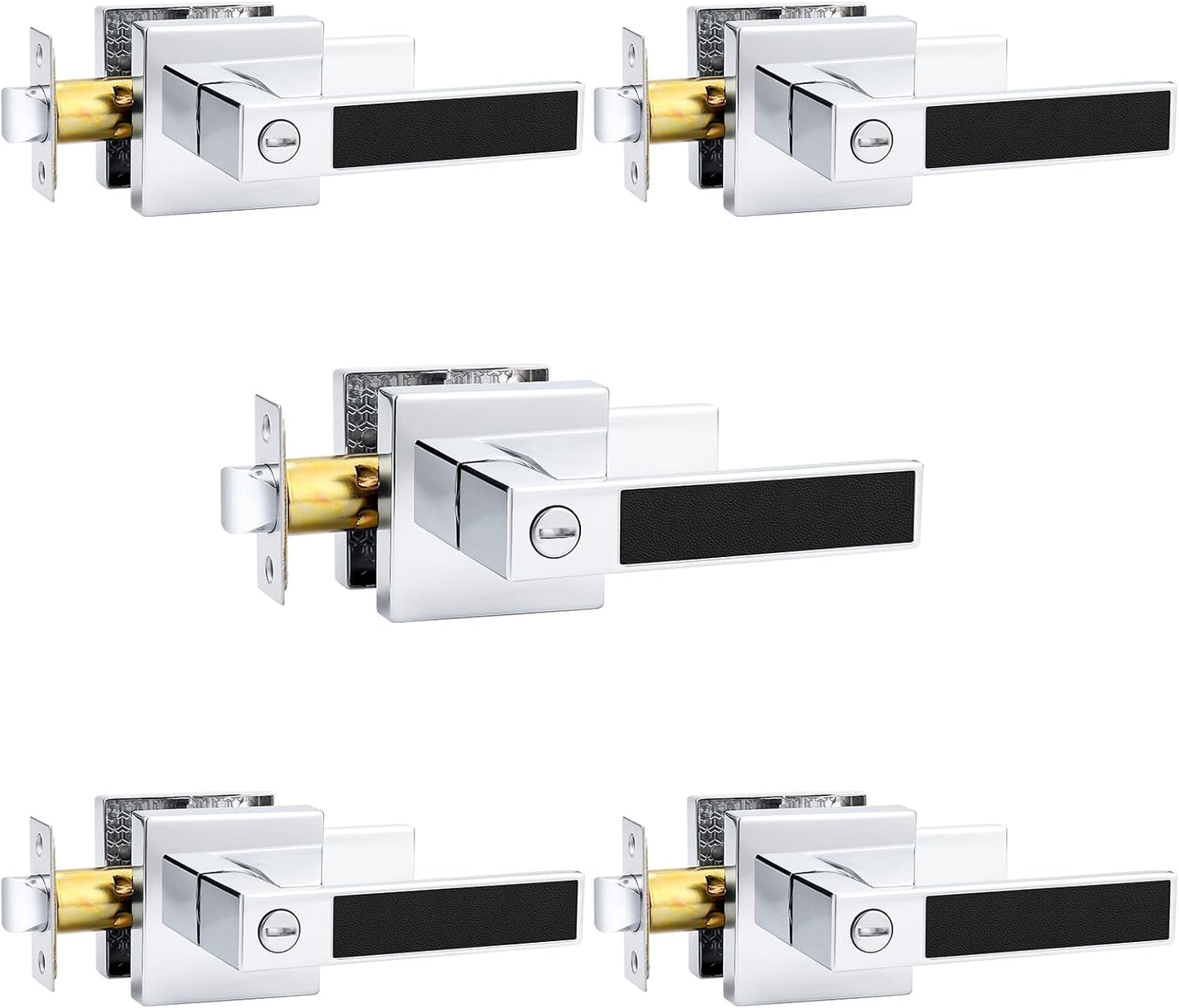 Probrico Square Heavy Duty Door Handle with Black Leather Hand Lever, Keyless Privacy Interior Door Levers for Bedromm and Bathroom, Polished Chrome, 1 Pack