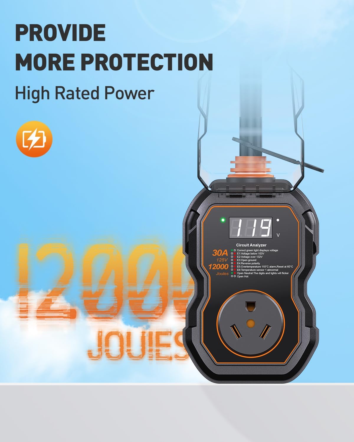 GEARGO RV Surge Protectors 30 Amp with Smart LED Display, 12000 Joules RV Circuit Analyzer Waterproof with High/Low Voltage Protection, RV Adapter Plug for Camper