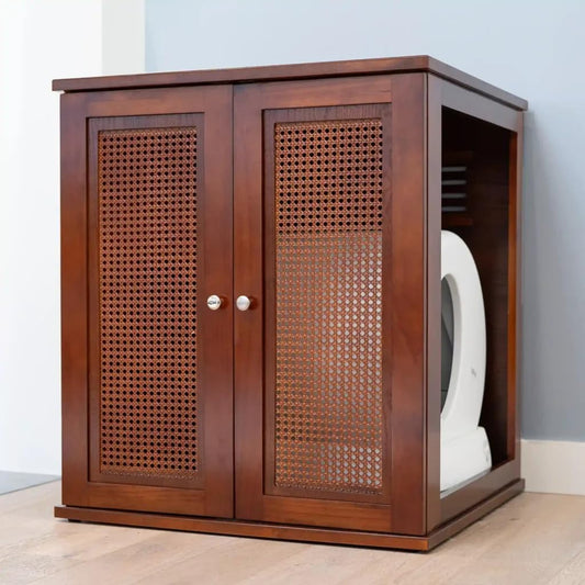 THE REFINED FELINE Refined Self-Cleaning Litter Box Cabinet, Wooden Cat Litter Box Enclosure for Automatic Litter Boxes, Mahogany, Cane Weave.