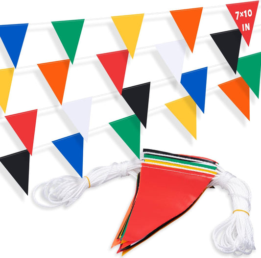 50ft Pennant Banner Flags, 7"x10" Fluorescent Multicolor Safety Flagging Warning Banner for Construction Site/Traffic Control/Boundary Barrier Signs, Perimeter Marking Flags on String, 25 Pcs