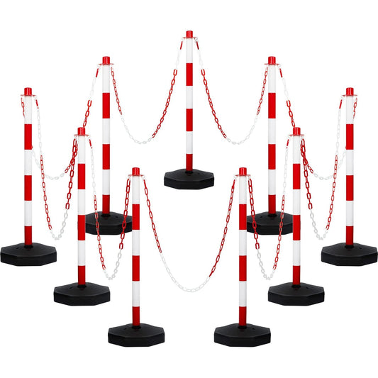 Amylove 9 Packs Traffic Delineator Post Cone with Base, Traffic Cones Safety Cones Caution Cones Plastic Stanchion Chain Safety Barriers with 6.6 Feet Link Chain and S Hooks for Parking Lot (Red)