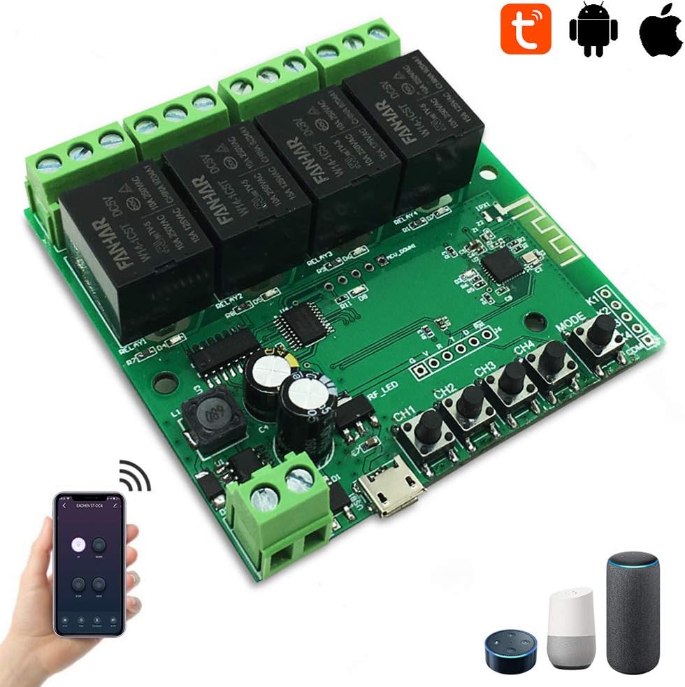 4-Channel WiFi Smart Switch Relay Module, TUYA/Smart Life App for Smart Home Remote Control, Momentary Time Adjustable, Compatible with Alexa/Google Assistant