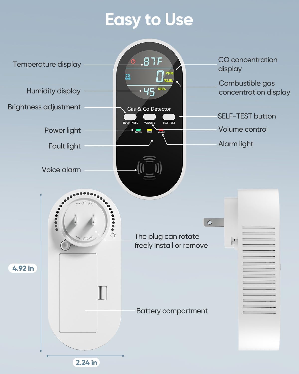 5-in-1 Carbon Monoxide Detectors, Natural Gas Leak Detector, Plug-in & Battery Backup Co Detector, HD Digital Display, CO Gas Temp Humidity Sensor, 2-Pcs, Black