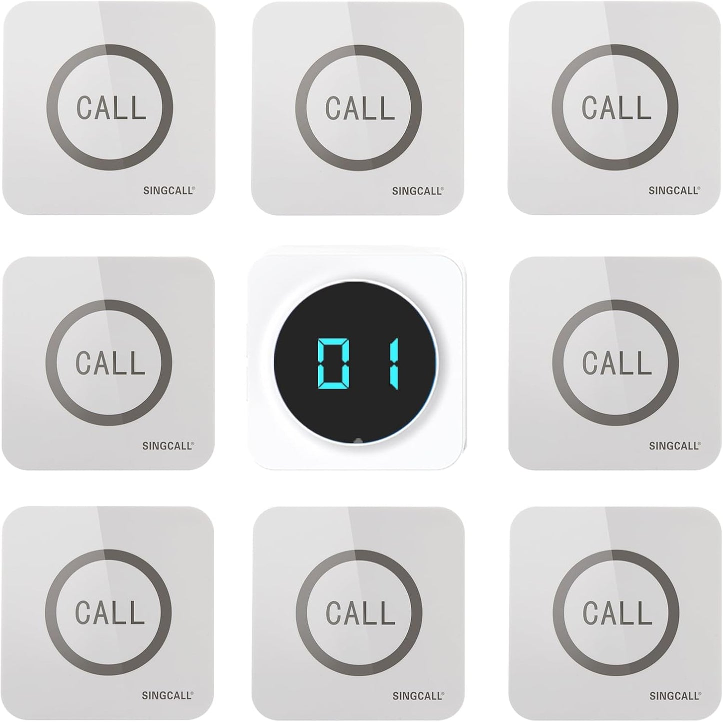 SINGCALL Restaurant Pager System Waiter Calling System Pagers and Beepers for Kitchen,Fast Food,Hotel,Restaurants,Cafe,Bar to Call Waiters 8 Waterproof Wireless Call Buttons 1 Number Display Receiver