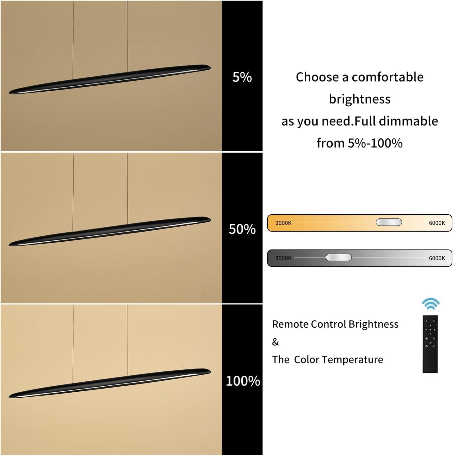 39" Wood LED Linear Pendant Light Black Linear Pendant Dinning Room Hanging Lights LED Dimmable Chandeliers 24w for Dining Room Pool Table Lights Kitchen Island Light Black
