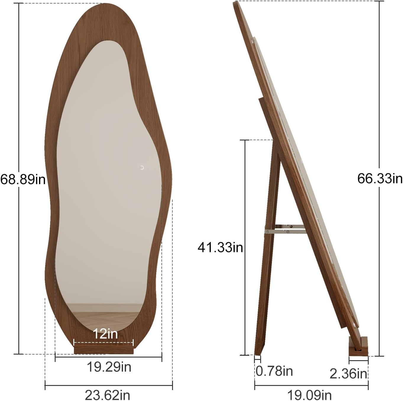 WoodsWhisper 69"x 24" Wavy Mirror Full Length,Lights Irregular led Full Length Mirror, Wavy Wall Mirrors,Shatter-Proof Hanging or Leaning Against Wall for Cloakroom/Bedroom/Living Room,Walnut