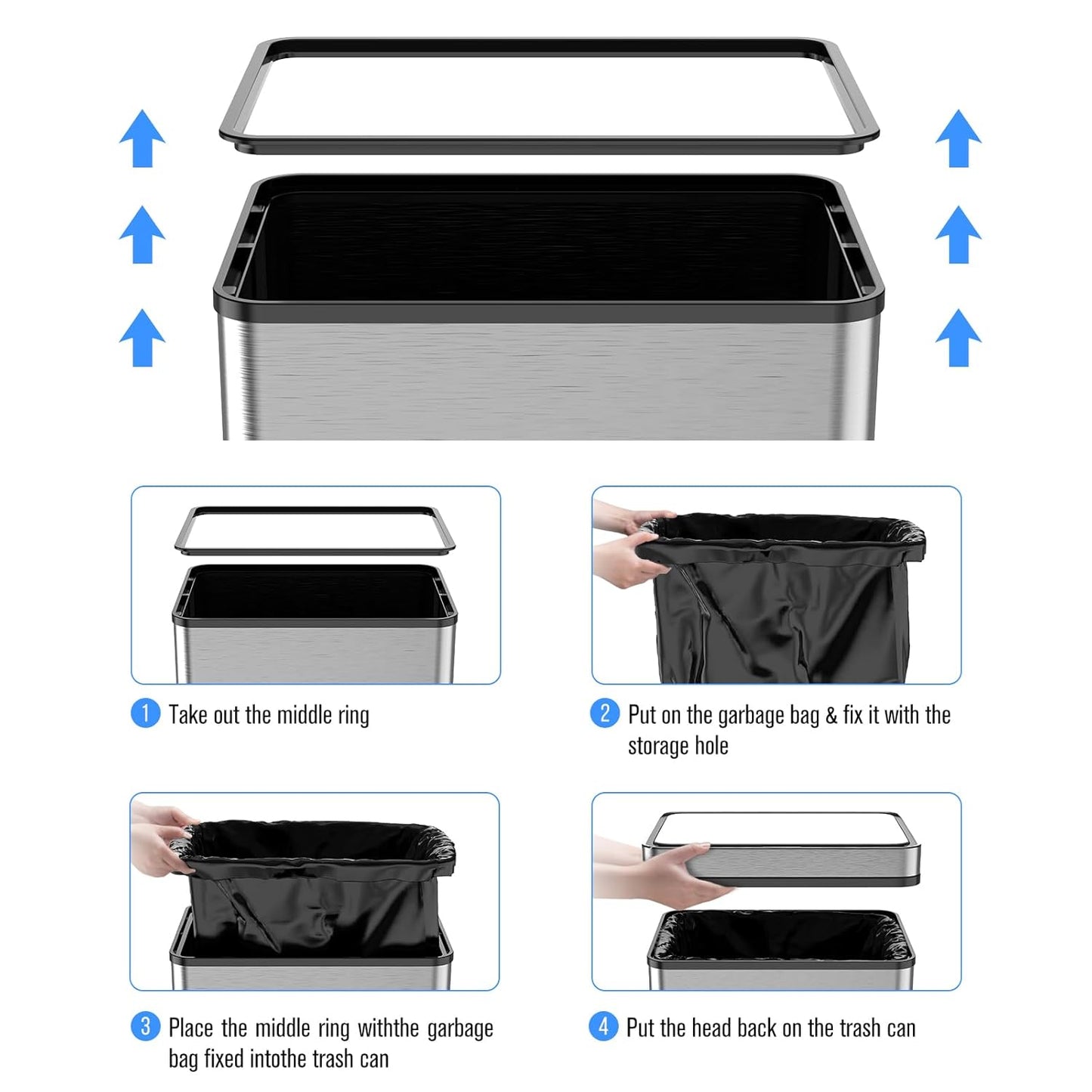 70L / 18.5 Gallon Smart Automatic Trash Can with Deodorizer Compartment, Stainless Steel Body and Mute Sensor Lid for Kitchen Office Living Room and More, Assemble Large Capacity Garbage Can - Silver