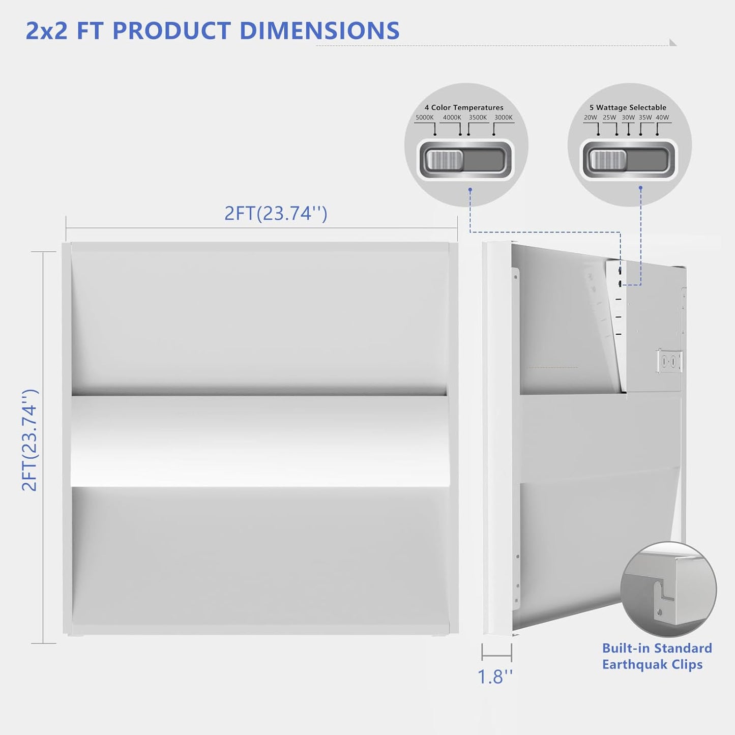 2x2 LED Troffer Light,20/W/25W/30W/35W/40W & 3000K/3500K/4000K/5000K Selectable,5200lm 0-10V Dimmable,ETL DLC Listed,100-277V,for Office & Warehouse 4 Pack