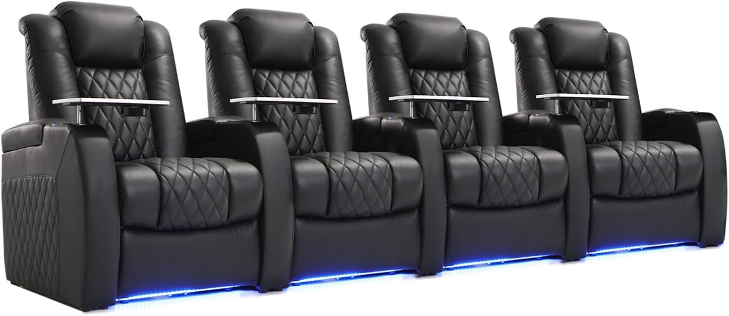 Weilianda Home Theater Seating Top Grain Leather Zero Gravity Recliner Chair Power Headrest Recline Movie Seat Gaming 7 Colors Mood Light Sofa with Tray Table USB Charge Row of 4 Black