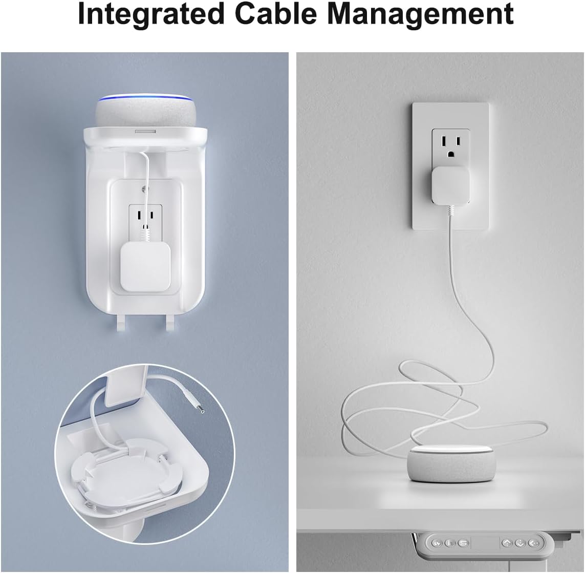 Suptek Wall Outlet Shelf 2 Pack,Home Wall Shelf Organizer for Outlets,Perfect for Bathroom, Kitchen, Bedrooms,Hold Cell Phone,Speaker up to 20lbs,With Cable Management and Detachable Hooks,White(S3W2)