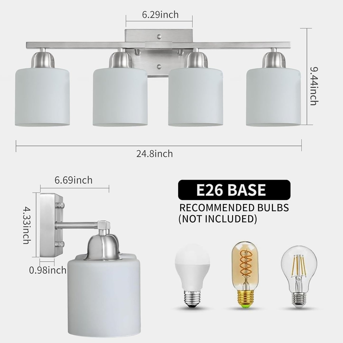 4 Light Bathroom Light Fixtures, Brushed Nickel Vanity Lights for Bathroom with Milky White Frosted Glass Shade, Wall Lights for Mirror Bedroom Living Room E26 Base