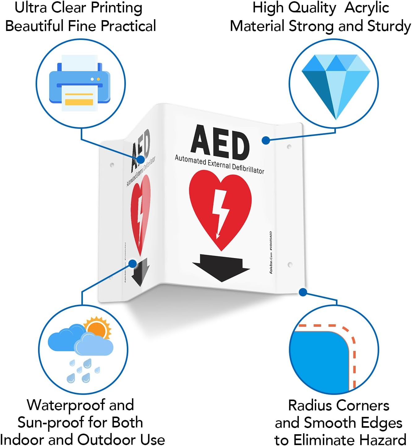 Faittoo AED Sign, AED with Down Arrow - 5 Pack 6 x 8 Inches V-Shaped Acrylic Plastic, 4 Pre-Drilled Holes, Includes Matching Screws, Use for Home Office/Business