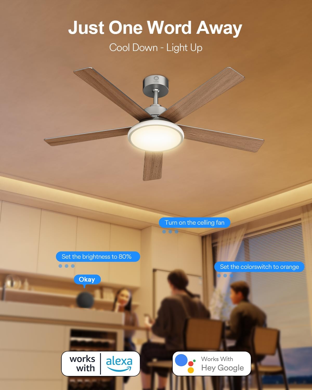 Lumary Smart Ceiling Fan with RGBAI Lights 52'', RGB & Stepless Color Temperature, Work with Alexa/Google/Remote, 46 Scenes, Modern Flush Mount Low Profile Ceiling Fan for Bedroom Kids Room, Silver