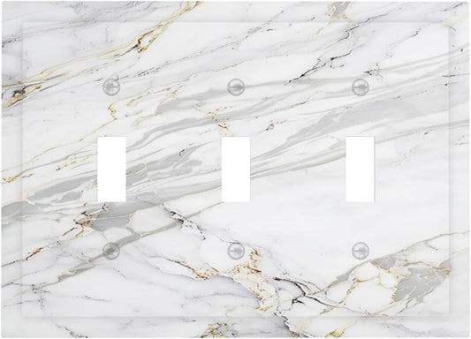 Decorative Light Switch Cover Plate Gray Gold Marble Abstract Modern Luxury 3 Gang Wall Plate Triple Toggle Switch Plate Covers Electrical Outlet Cover for Bedroom Home Decor