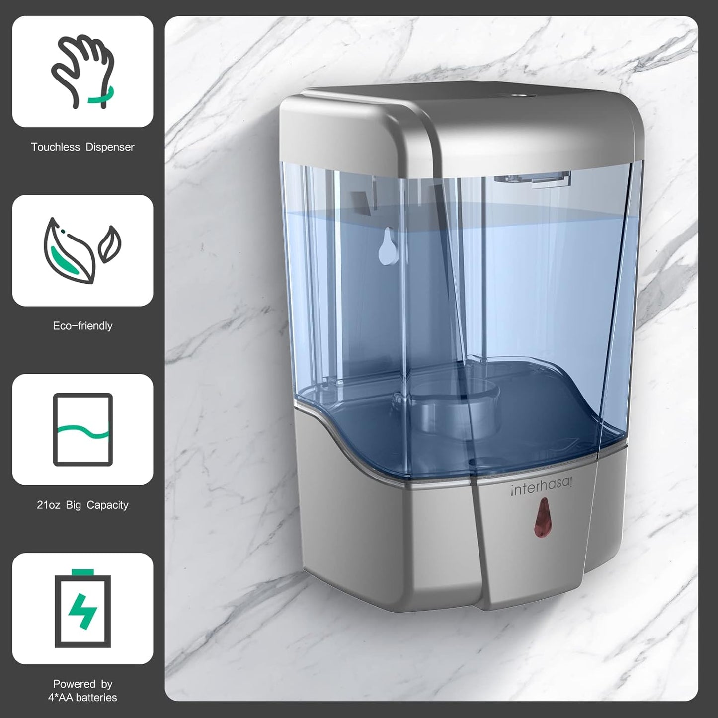 interhasa! Soap Dispenser, Touchless Hand Sanitizer Dispenser Wall Mount 600ml Automatic Kitchen Soap Dispenser for Commercial Home, Office (Silver)