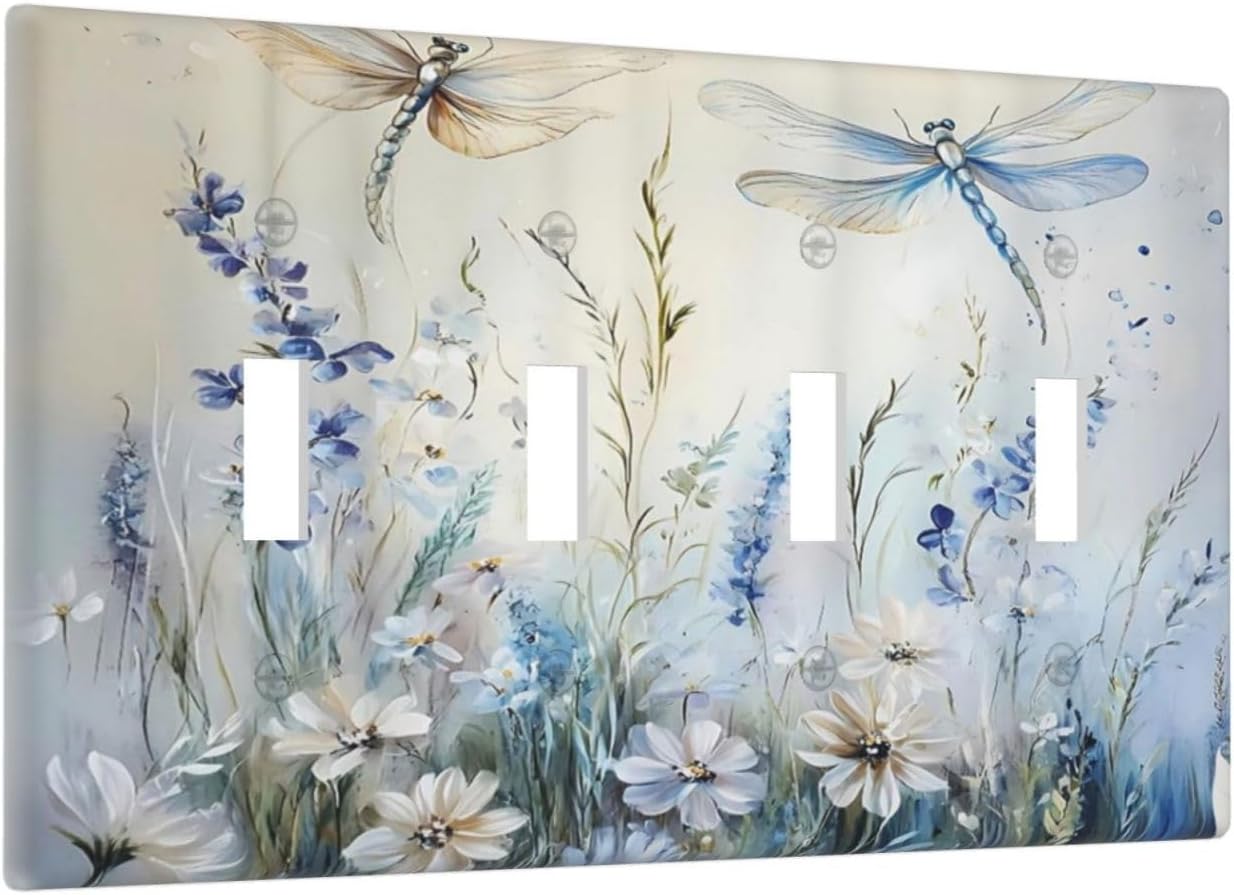 Decorative Light Switch Cover Plate Watercolor Dragonfly Blue Wihte Flower 4 Gang Wall Plates for Electrical Outlets Quad Toggle Switch Plate Covers Outlet Covers Faceplate for Bedroom Decor