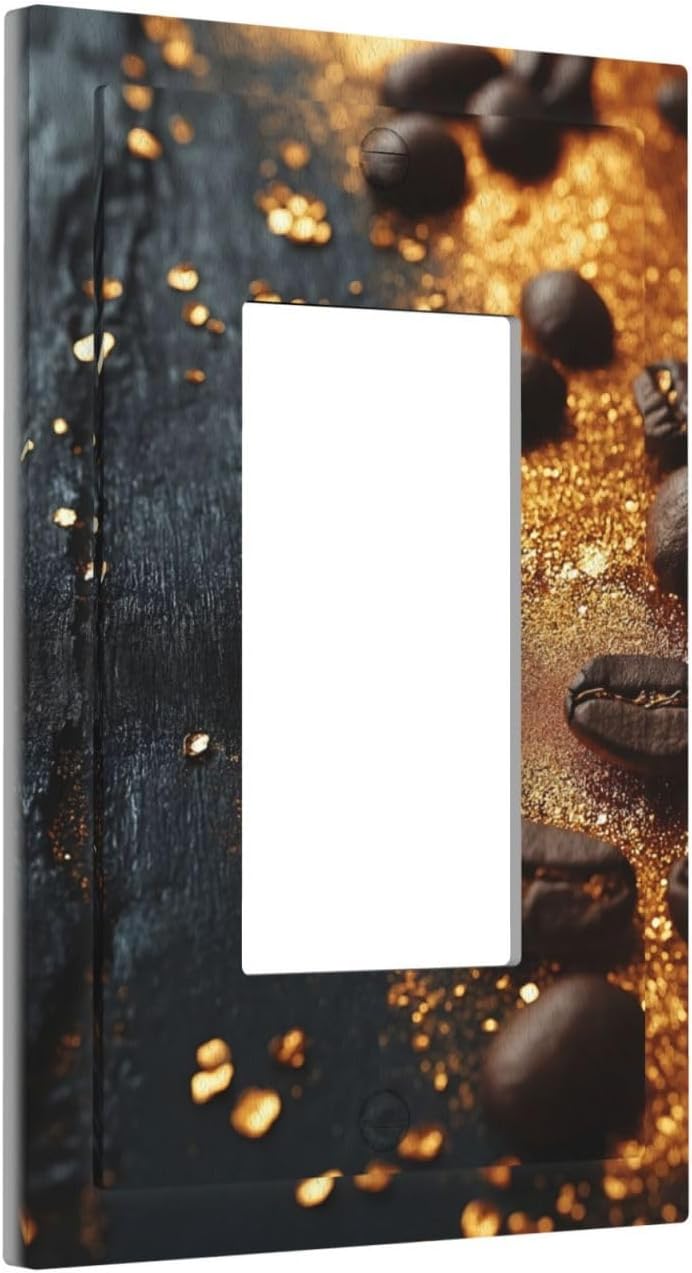 Decorative Outlet Covers Black Wood Board Gold Dust Coffee Beans 1 Gang Single Decora GFCI Device Light Switch Covers Plate 1 Rocker Wall Plate Jumbo Face Plate
