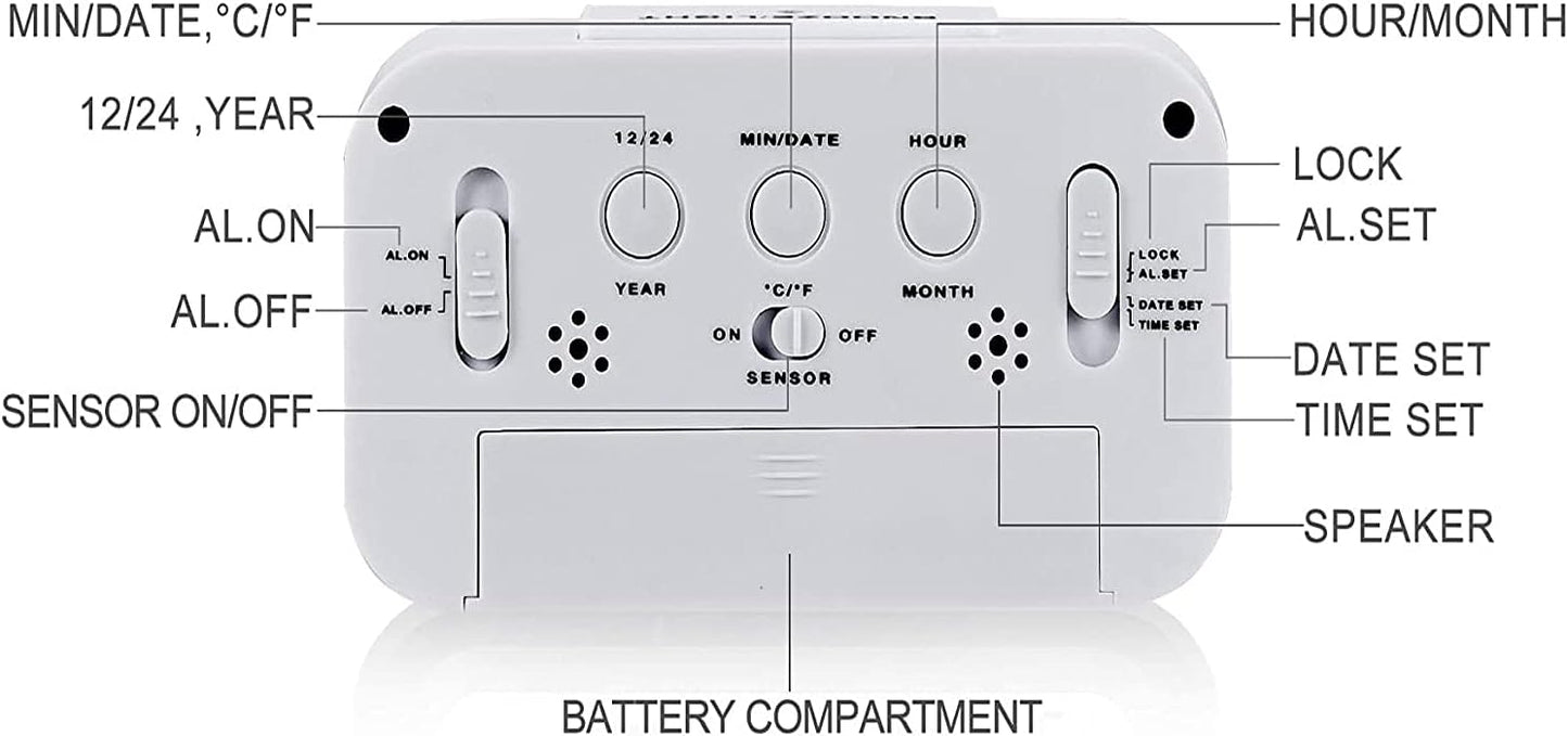 Digital Alarm Clock with LCD Display, Desk Smart Electronic Small Clock with Indoor Temperature, Date, Light Sensor, Backlight, Battery Operated, for Home Bedroom Kids Office (White)