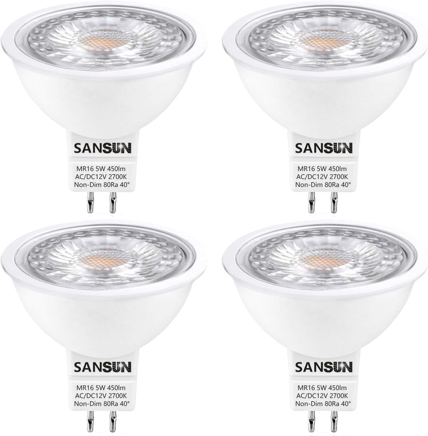 5W MR16 LED Landscape Light Bulbs, Low Voltage 12V 50W Halogen Replacement for Outdoor Landscape Spotlight and Indoor Track Light, GU5.3 Bi-Pin Base, Warm White 2700K, Non-Dimmable (Pack of 4)