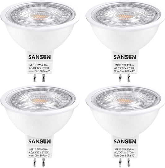5W MR16 LED Landscape Light Bulbs, Low Voltage 12V 50W Halogen Replacement for Outdoor Landscape Spotlight and Indoor Track Light, GU5.3 Bi-Pin Base, Warm White 2700K, Non-Dimmable (Pack of 4)