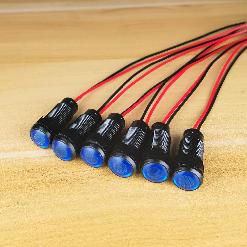 6pcs Blue LED Indicator Pilot Light Mounting Hole Size 10mm AC/DC 12-24V(Flame Retardant Plastic Shell)