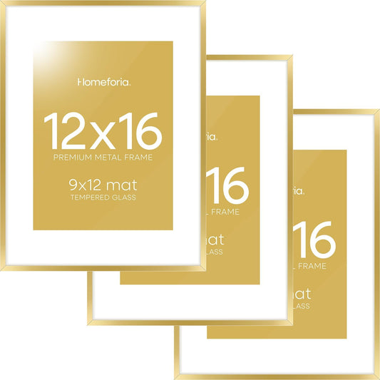 Homeforia 12x16 Picture Frame Gold, High End Metal 12x16 Poster Frames with Mat 9x12 for Photo, 12 x 16 Gold Frame Matted to 9 by 12 Print, 16x12 Thin Hanging Frame, Tempered Glass, Wall Kit, Set of 3