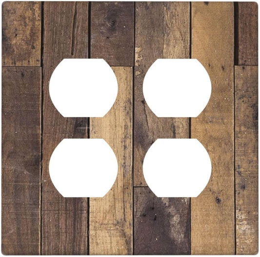 Cool Brown Wood Style Vintage Rustic Print Outlet Covers 2 Gang Double Duplex Decorative Light Switch Covers Electrical Wallplates Socket Faceplate for Farmhouse Home Decor