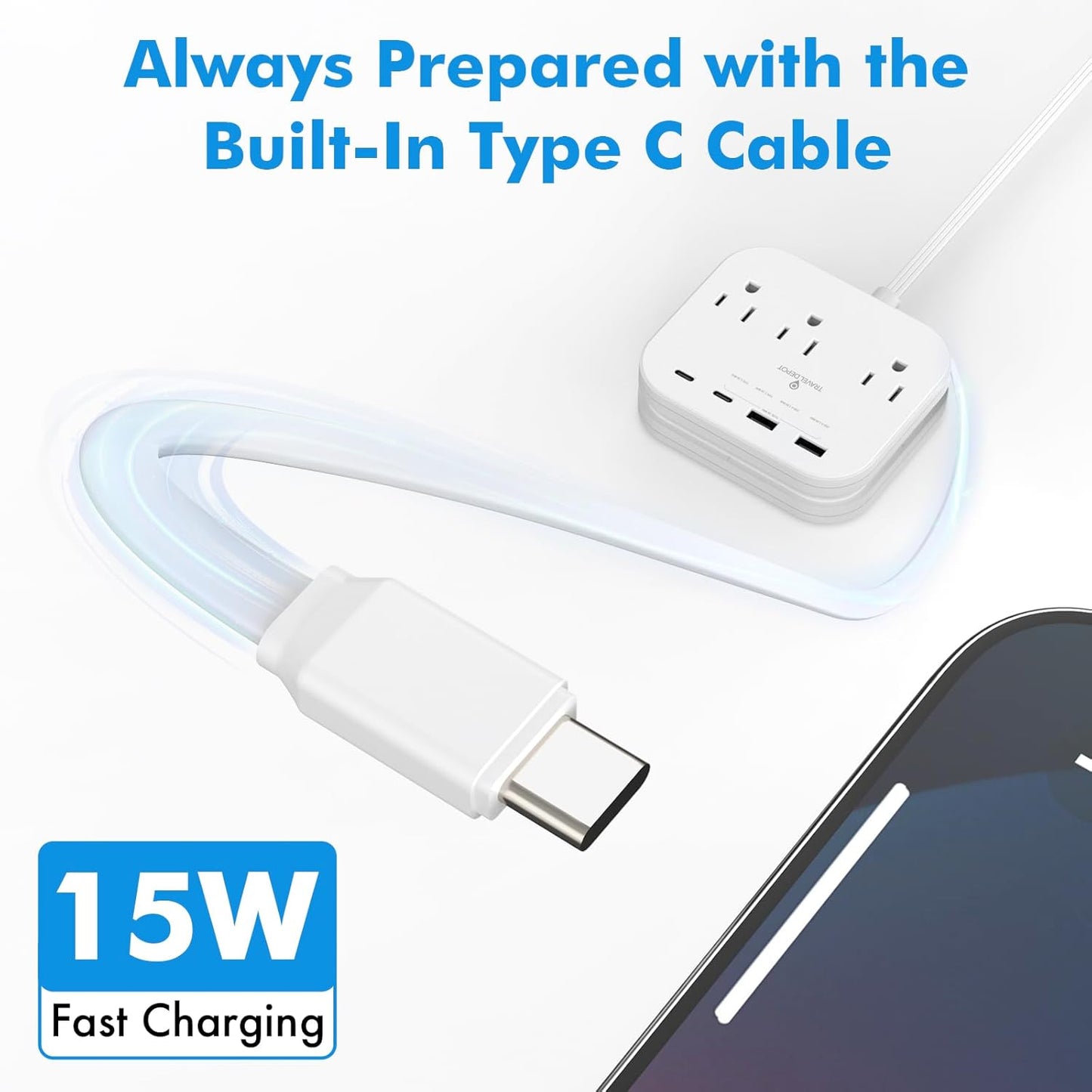 Cruise Essentials Flat Plug Power Strip, Durable 5 ft Extension Cord w/ 3 Outlets Extender & Built-In Type C Cable, 2 USB & 2 USB-C Ports, No Surge Protector for Cruise Travel, Dorm, Home