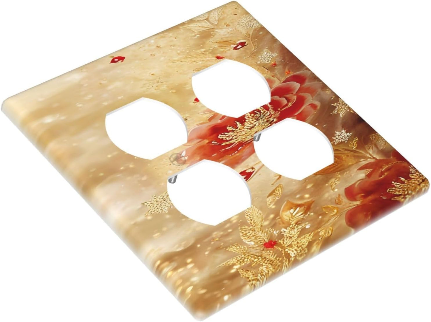 Decorative Outlet Covers Golden Leaf Red Peony Flowers Floral 2 Gang Wall Plate Cover Double Duplex Receptacle Two Switch Light Switch Cover Plate Jumbo Dual Faceplate