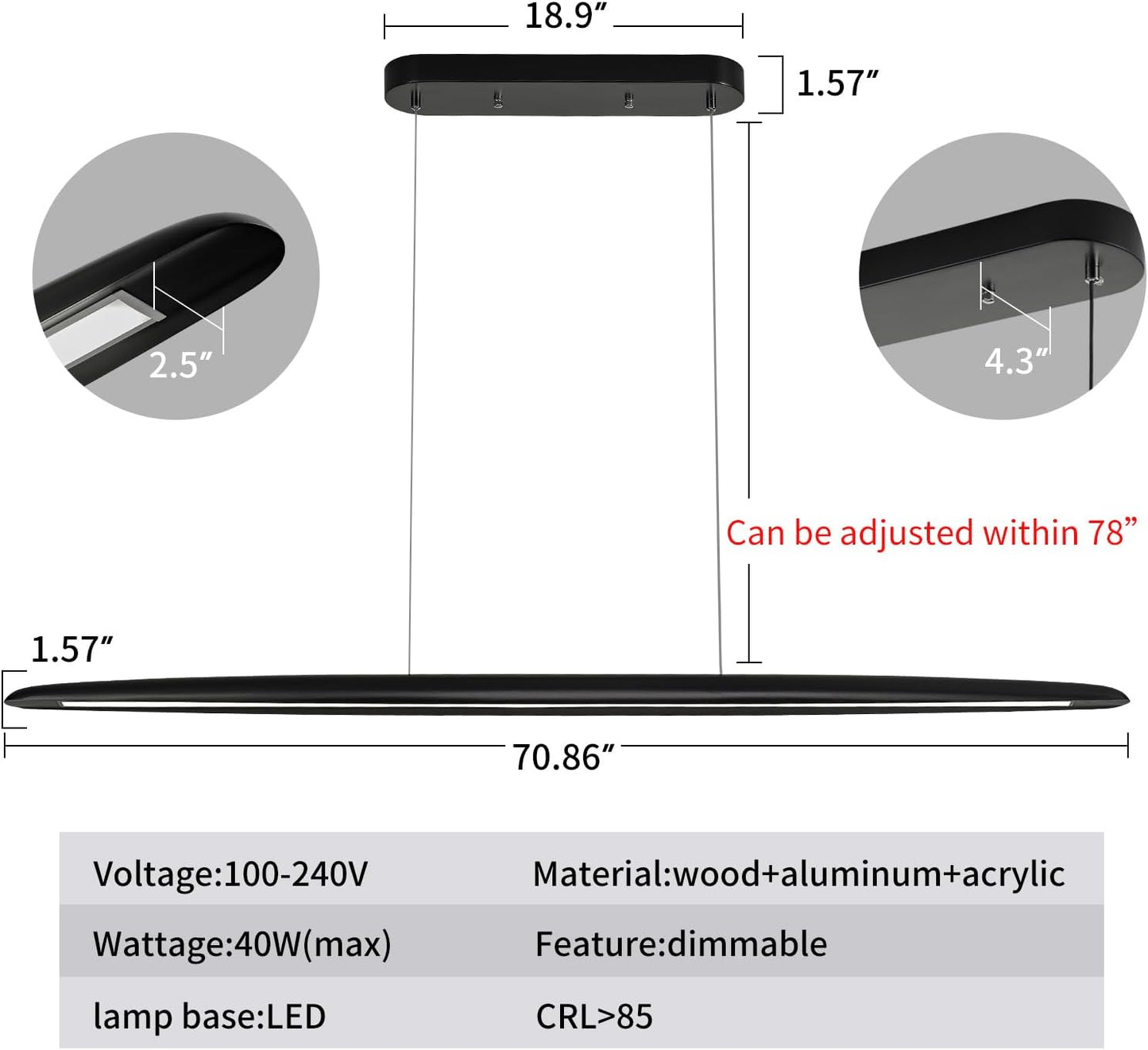 71" Wood Linear Pendant Light Black Linear Pendant Dinning Room Hanging Lights LED Dimmable Chandeliers 50w for Dining Room Pool Table Lights Kitchen Island Light Black