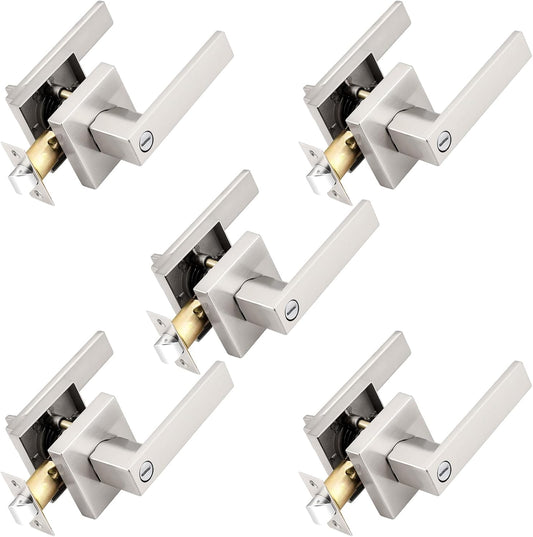 Probrico Interior Brushed Nickel Door Handle, Heavy Duty, Flat Square Privacy Door Handles, Keyless Door Levers Lockset for Bedroom and Bathroom (5 Pack, Modern)
