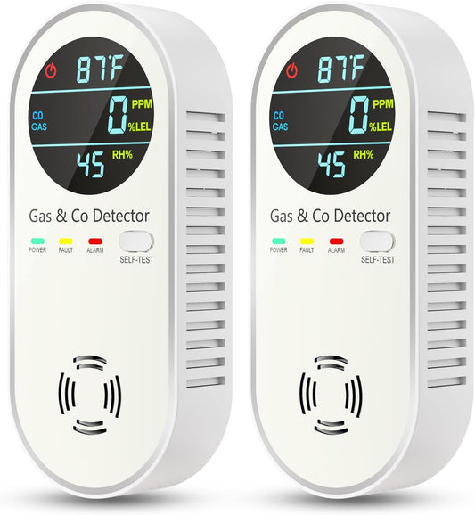 4-in-1 Natural Gas Leak Detector & Carbon Monoxide Detectors - Carbon Monoxide Detectors Plug in - Natural Gas, Propane, Co Detector, Temperature & Humidity Detector for Home, RV (2 Packs)