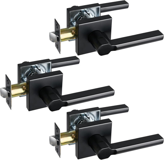 Passage Door Lever (No Lock), Heavy Duty Interior Square Handle for Hallway and Closet, Matte Black, Reversible for Right&Left Handed, 3Packs
