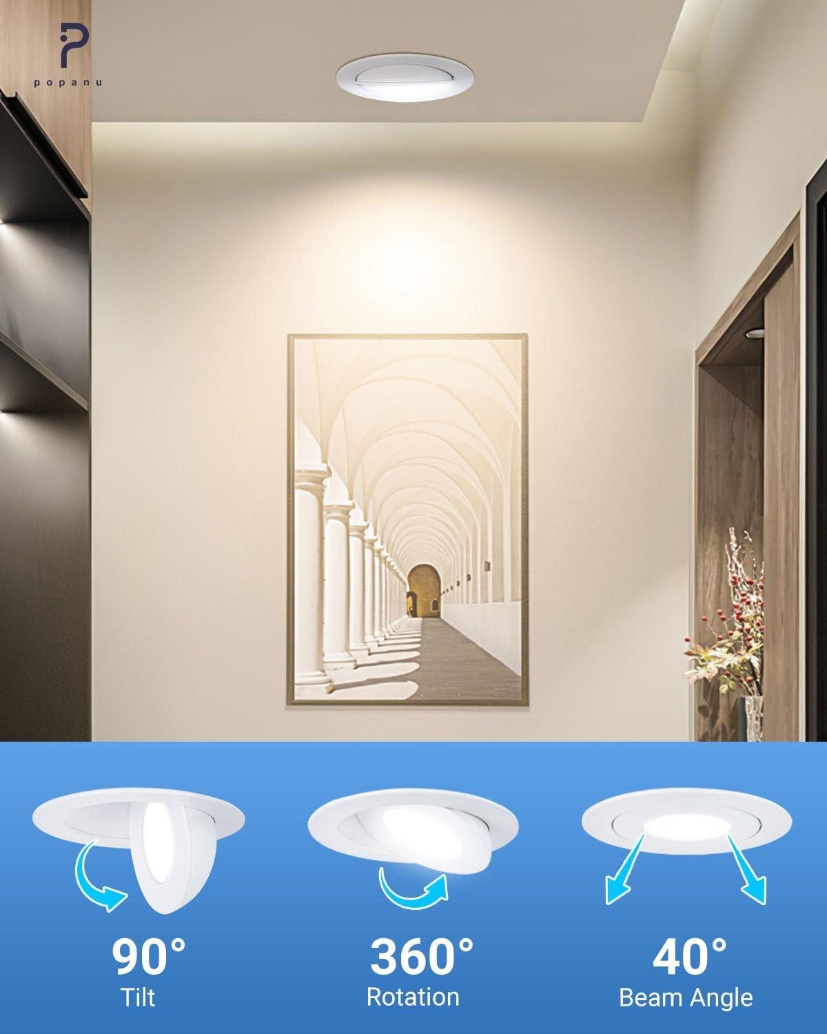 4 inch LED Gimbal Recessed Light, 9W 750lm Eyeball Sloped Ceiling Task Lighting, Soffit Wafer Indoor Directional Lighting, 90° Tilt and 360° Rotation Recessed Lighting 4 inch White 12Pack