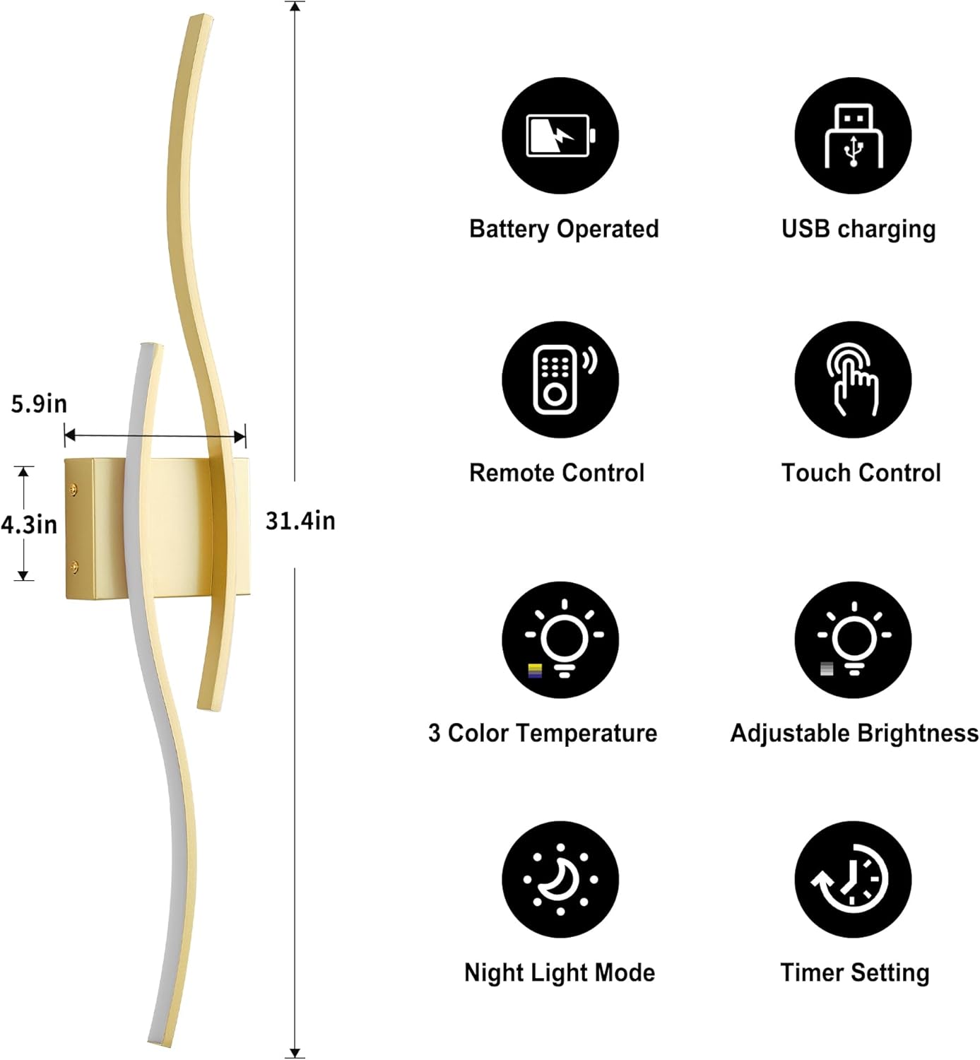 Battery Operated Wall Sconces Set of Two with Remote Control, Dimmable/3 Colors/Night-Light/Timer/Memory, Gold Modern Wireless LED Sconce for Living Room, Hallway, Bedroom, 31.4 Inch (2 Pack)