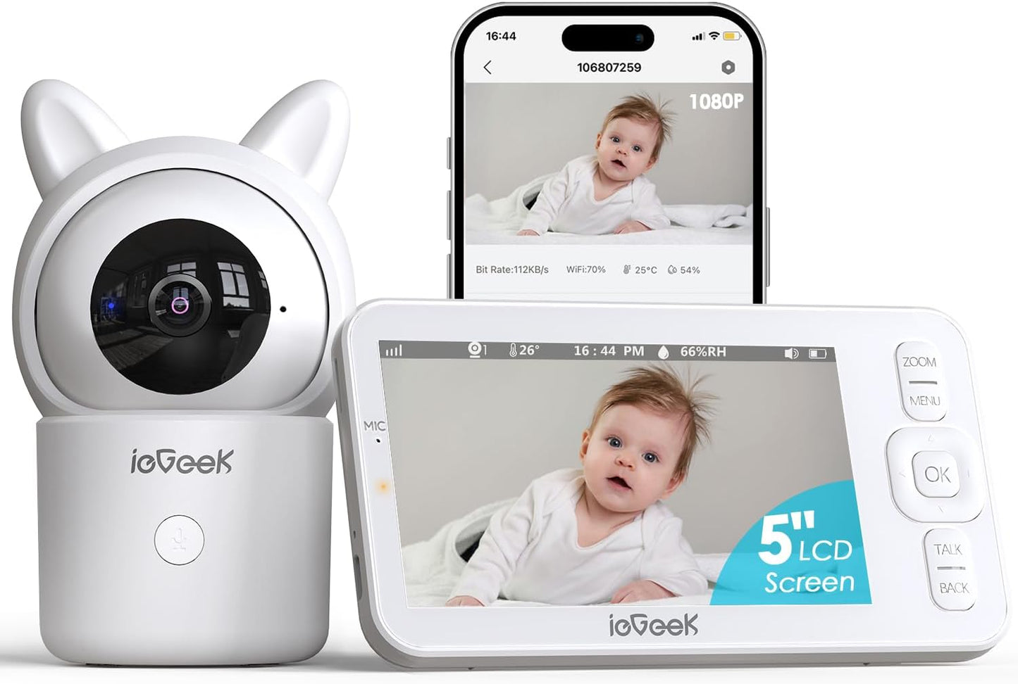 ieGeek Baby Monitor with Camera and Audio, 5" Large HD Display(No WiFi) & 1080P Camera & Free Smart App(WiFi), Upgraded Night Vision/PTZ/2-Way Audio/Auto Tracking Detection Notification and Alert
