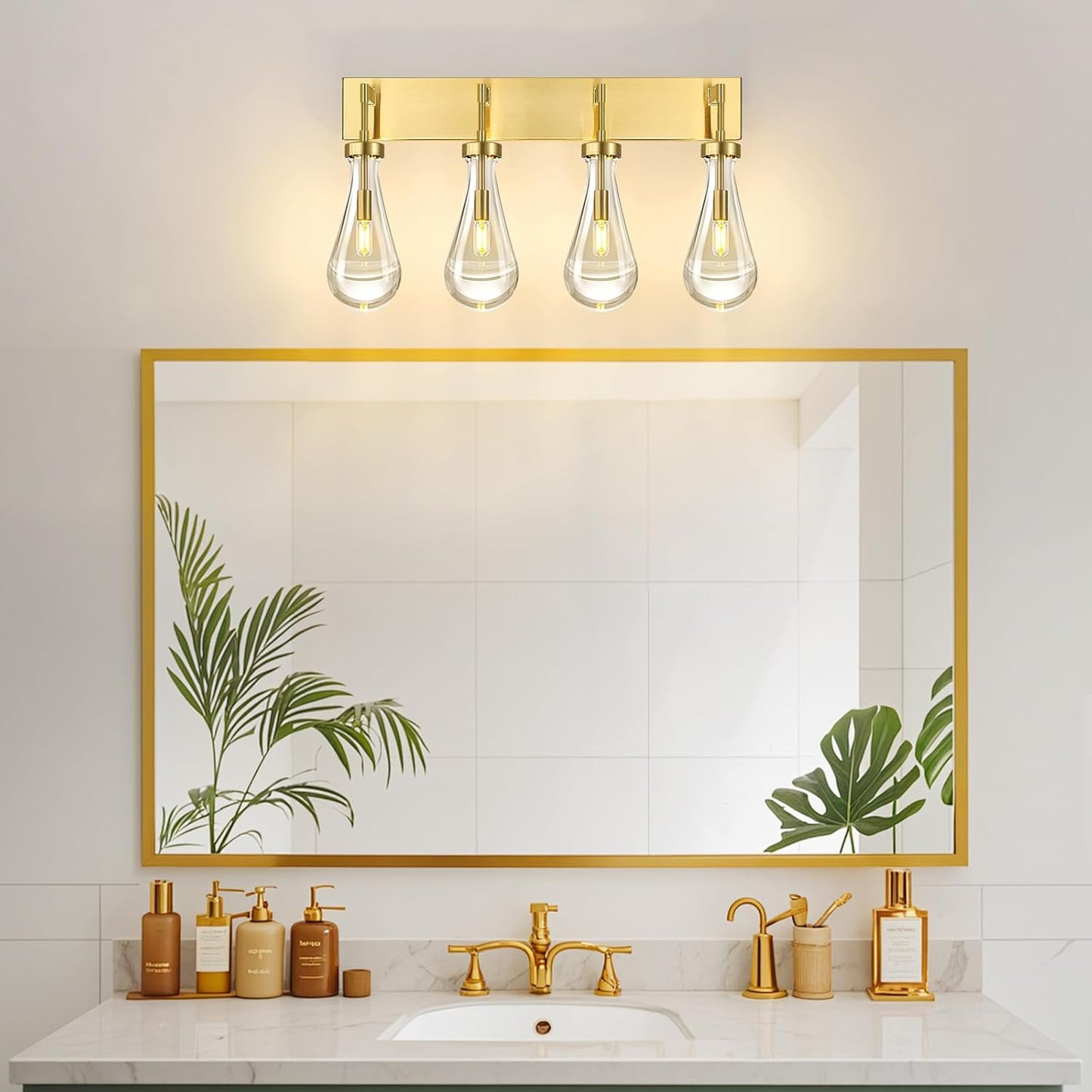 Raindrop Wall Sconces Gold Crystal Sconces Wall Decor Modern Lighting Glass Bathroom Sconces Indoor Vanity Light Wall Lamp for Bedroom Living Room Stair(4-Light)