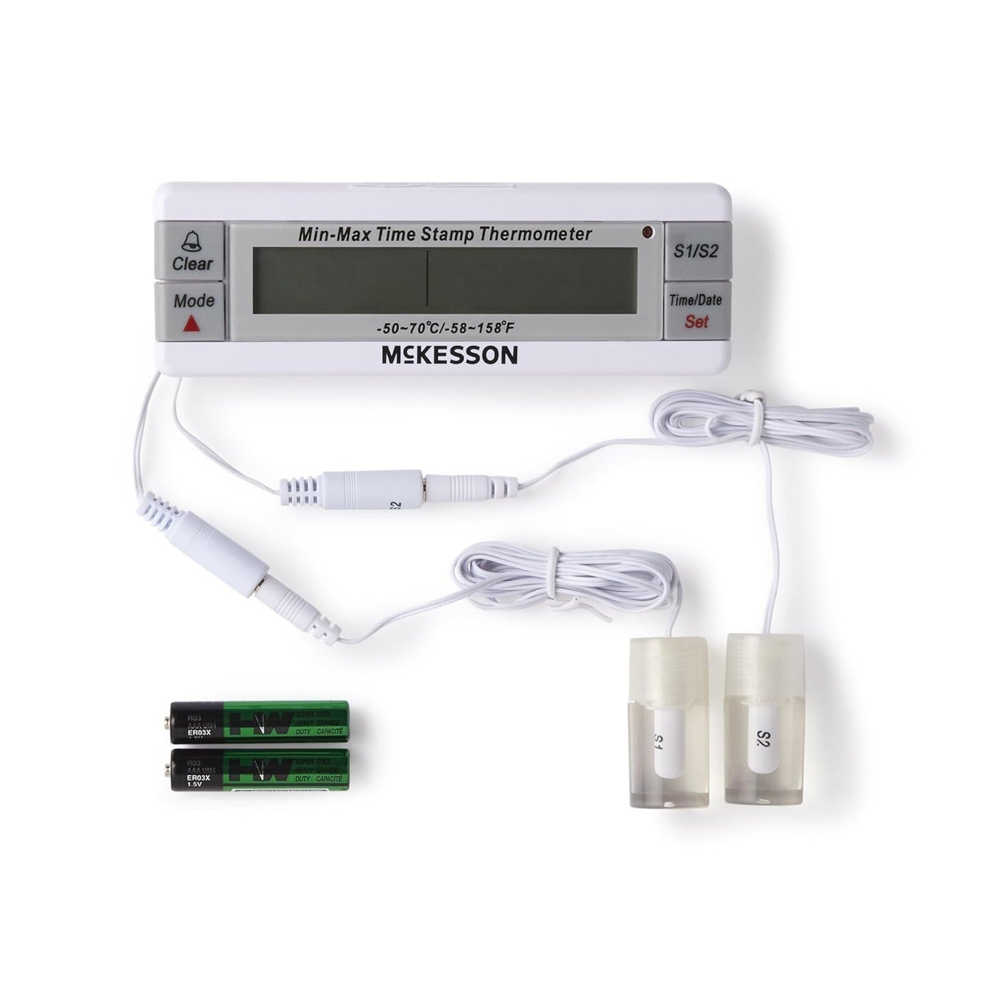 McKesson Refrigerator and Freezer Thermometer with Alarm, Dual-Probe - Waterproof Digital Display Max/Min Temperatures, 1 Count