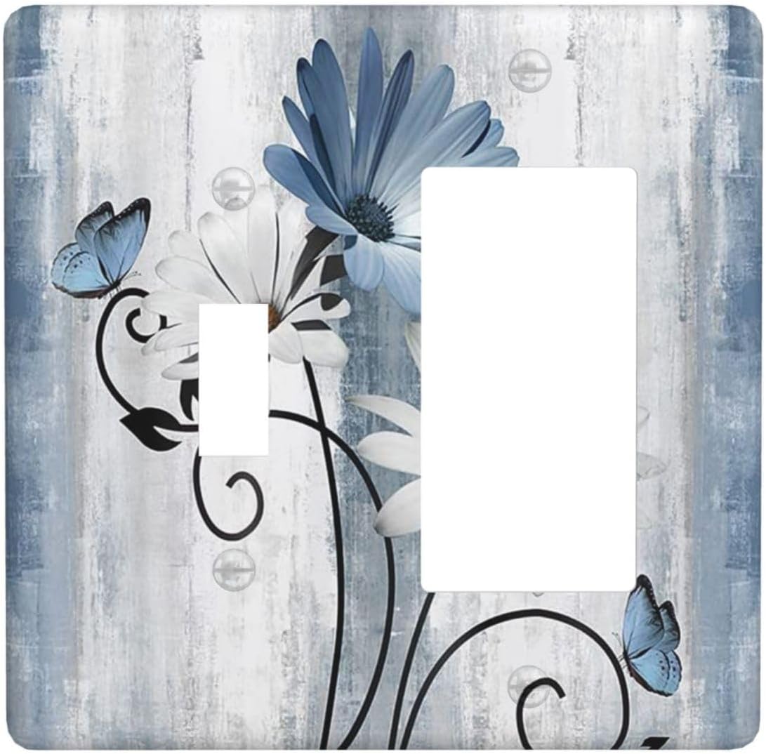Decorative Outlet Covers Rustic Blue White Daisy Ink Flower 2 Gang Light Switch Cover Plate Single Toggle 1 Rocker Wall Plates for Electrical Outlets Switch Plate Covers for Bedroom Home Decor