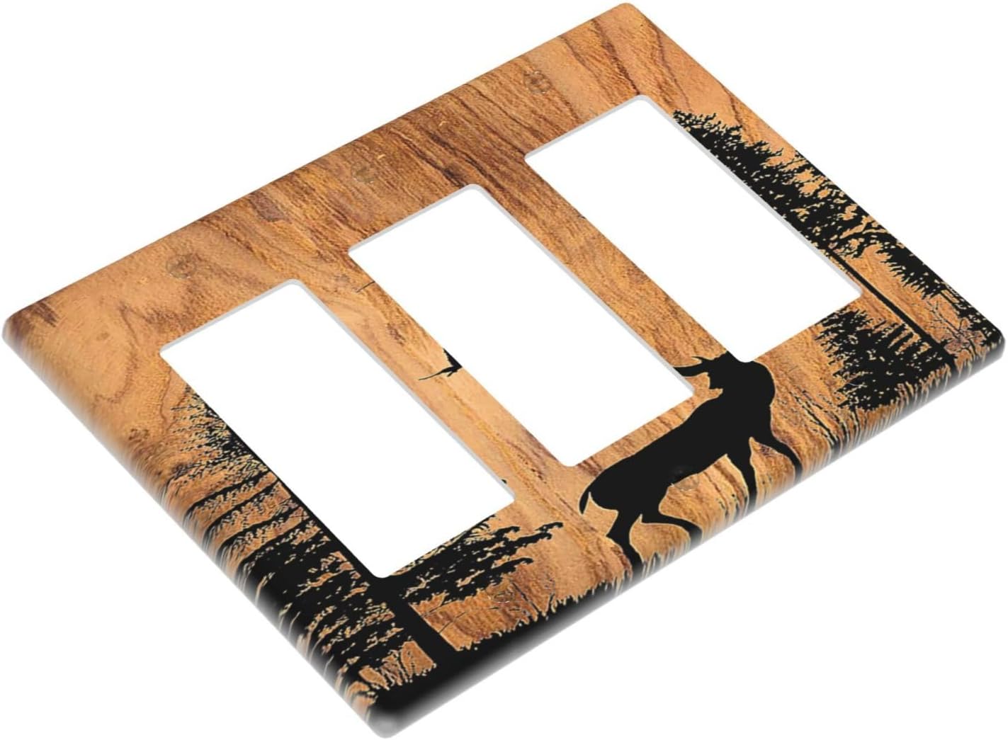 Light Switch Covers Rustic Farmhouse Orange Brown Pine Tree Deer Wood Grain 3 Gang Rocker Electrical GFCI Decorative Triple Outlet Wall Plate Cover Switchplate for living Room Cabin