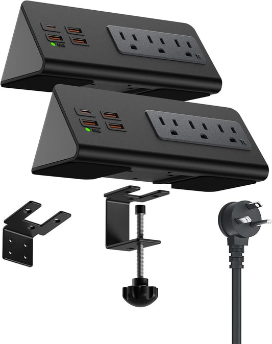 Power charge station edge clamp mount with USB-C portsTabletop Surge Protector Desk Clamp Power Sockets with 3 AC Outlets and 4 Fast Charging USB Ports for Home Office Hotel and Dormitory (Black-2pcs)