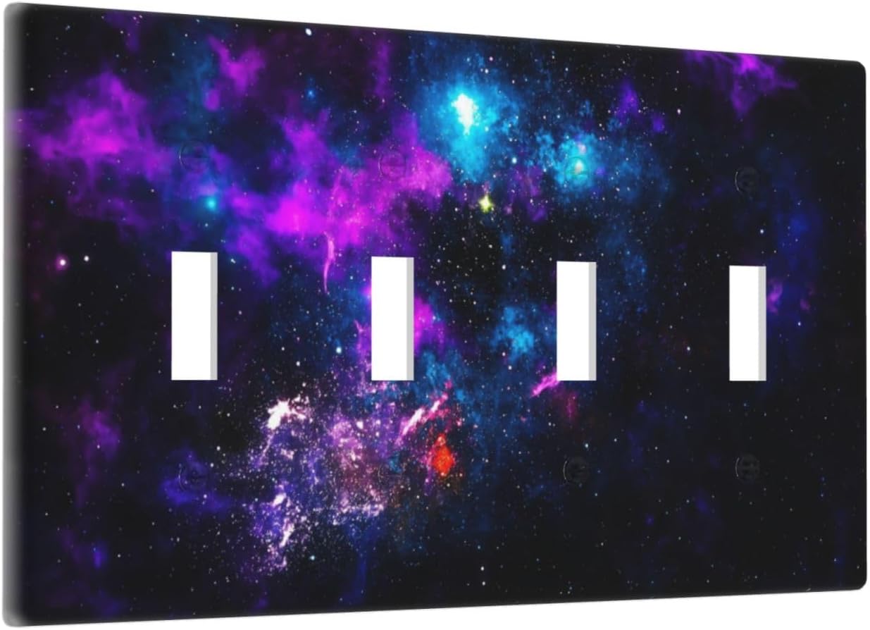 Outer Space Colorful Starry Sky Galaxy Planet Light Switch Covers Quad Toggle Electrical Faceplate 4 Gang Wall Plate Decorative Switch Plates for Bed Room Living Room Decor